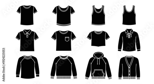 Black collection of various tops and shirts like t shirts polo shirts tank tops hoodies sweaters and cardigans