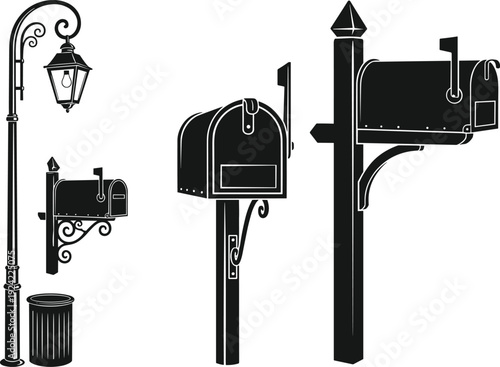 Set of Traditional Mailbox Vector Illustrations Featuring Post Mounted Letter Boxes Street Lamp and Trash Can Silhouettes for Residential Design