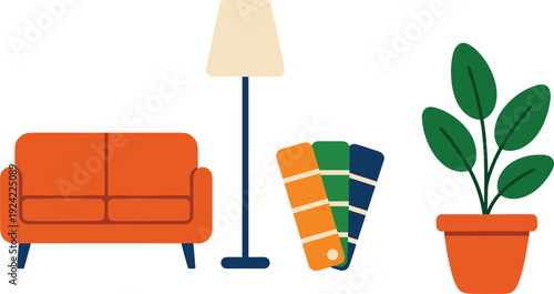 Modern living room interior vector set, sofa floor lamp houseplant and color palette samples isolated on white background flat illustration