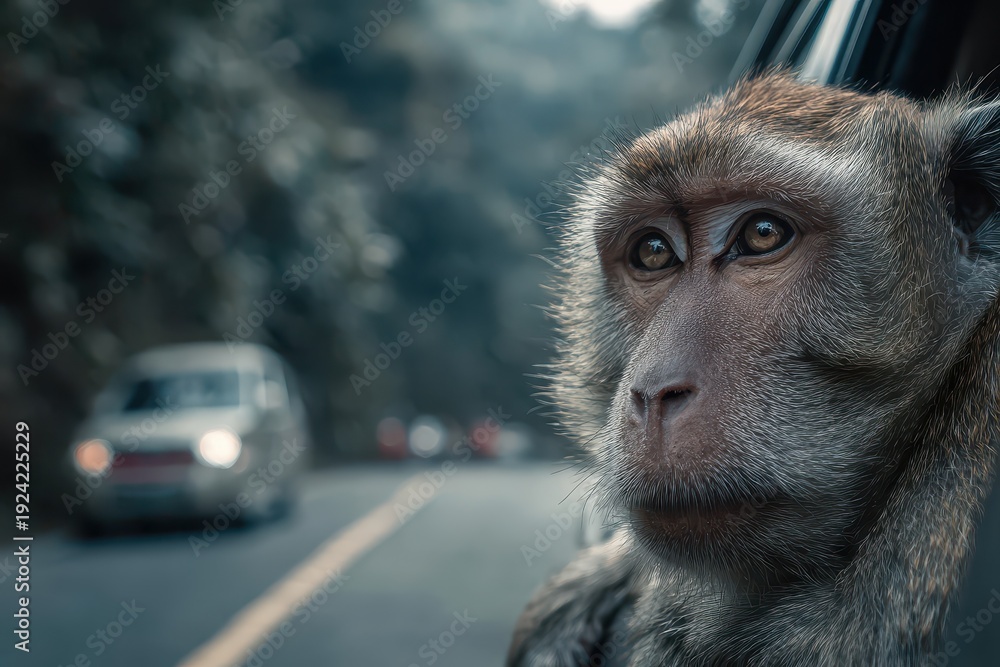 Obraz premium Monkey on the roadside eagerly waiting for food while cars pass by on a rural road during the late afternoon