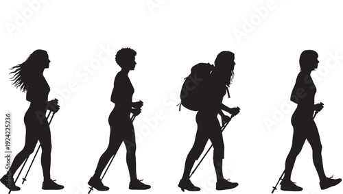 Hikers trekking silhouette group walking with backpacks and trekking poles, outdoor adventure team in profile isolated on white background, travel and hiking concept