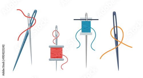 Colorful sewing needles thread and spool illustration on a white background
