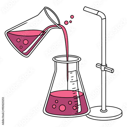 Pouring pink liquid from beaker into conical flask next to Bunsen burner