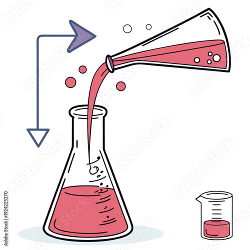 Pouring red liquid from funnel into conical flask laboratory