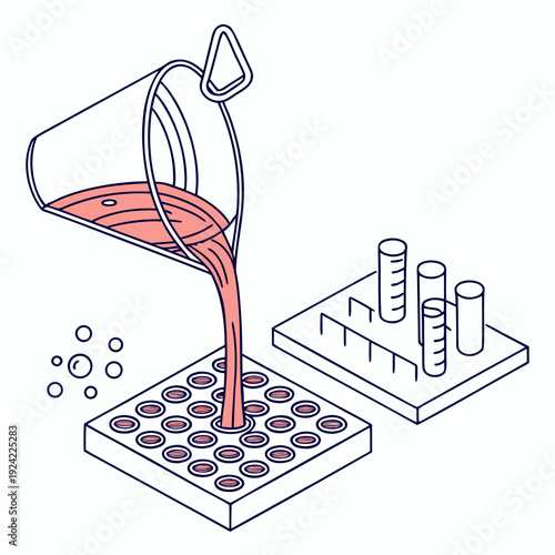 Pouring pink liquid from beaker into microplate next to test tubes