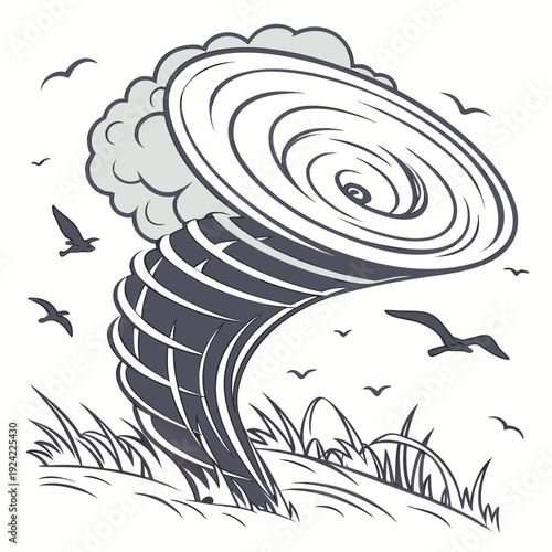 Monochromatic of a broad cyclone sweeping over a grassy field with birds flying around