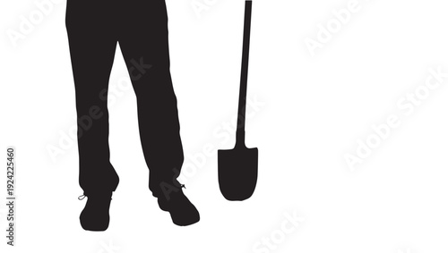 Shovel silhouette with worker legs standing beside spade tool, minimal black cutout icon isolated on white, construction digging equipment and labor concept