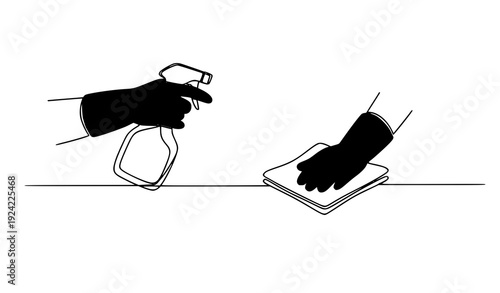 Continuous Line Drawing Cleaning Service Banner with Gloved Hands Spray and Rag