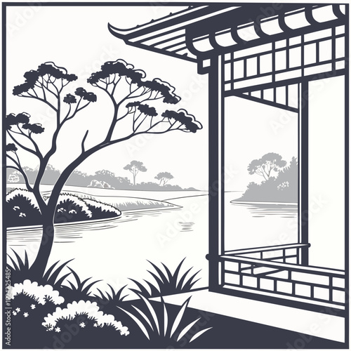 Asian style pavilion by serene lake with trees and plants