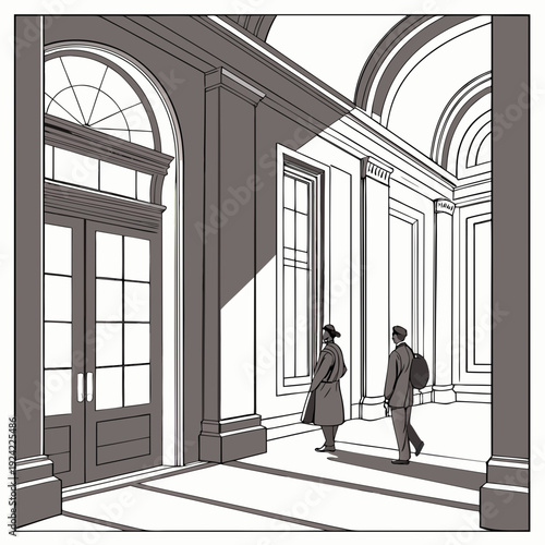 Grayscale of two people walking in a hallway with columns and arched windows