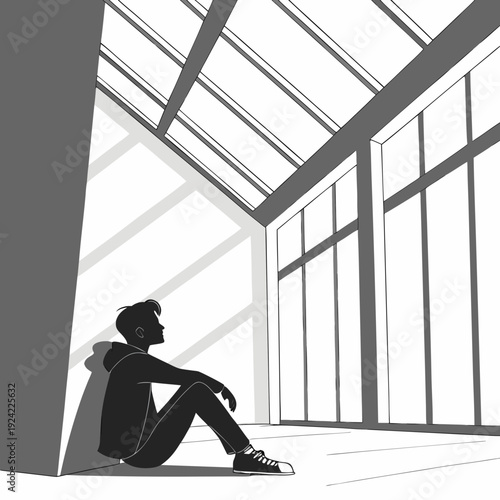 Man sitting alone in modern room with large windows