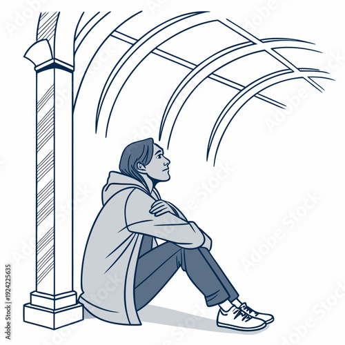 Calm young man sitting under archway in blue tones