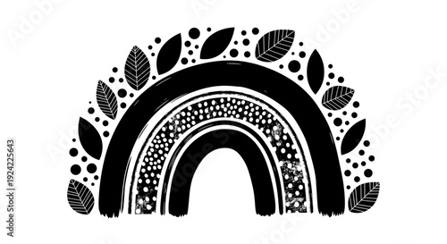 Bohemian style rainbow with textured arcs filled with dots leaves and circles on white background