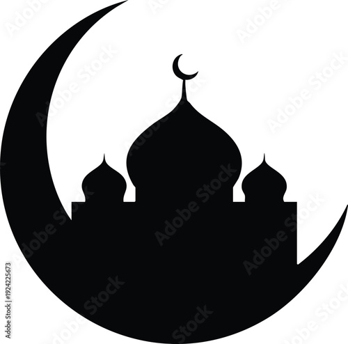 Black silhouette of a mosque with domes and crescent moon on white background islam