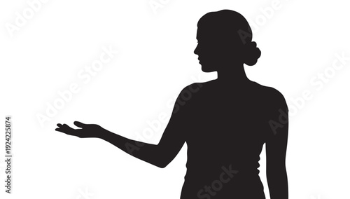 Woman silhouette with outstretched hand presenting gesture, side profile figure isolated on white background, minimalist black cutout for advertising, help, service, concept
