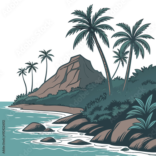 Tropical island lagoon with palm trees and rocky shoreline