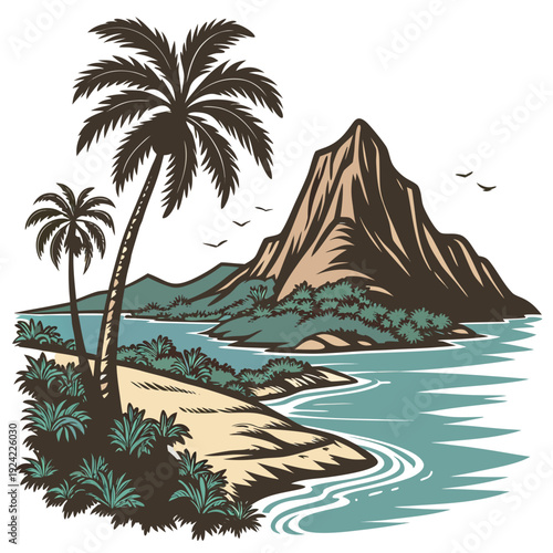 Tropical island lagoon with palm trees and mountain