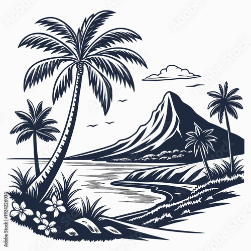 Tropical island lagoon with palm trees and mountain 1