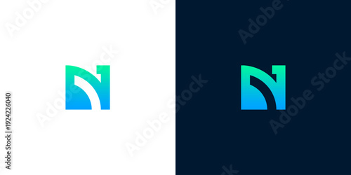 Modern abstract letter N logo design, gradient shades of blue and green on white and dark backgrounds, minimalist branding