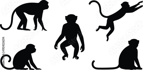 Black Monkey Silhouette Vector Set Featuring Macaques in Various Poses Like Jumping Sitting and Climbing for Wildlife Branding Jungle Themes and Nature Education