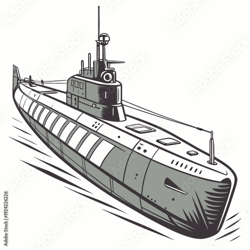 Gray submarine with conning tower and periscope military submarine