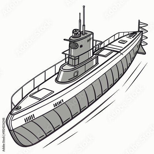 Military submarine with conning tower and deck railings