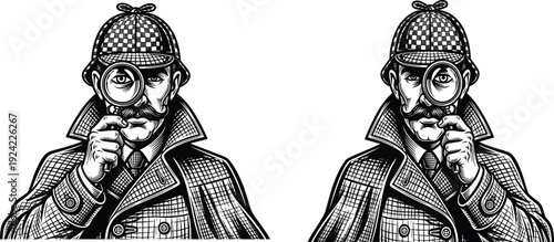 Detective illustration vintage style, CAD drawing flat vector artwork with magnifying glass investigation character portrait