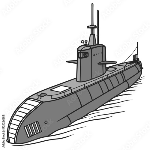 Gray military submarine with conning tower and periscope