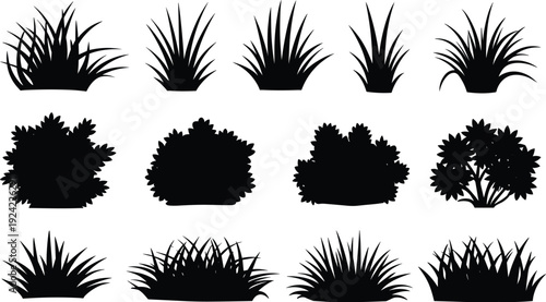 Set of Black Grass and Bush Silhouettes Featuring Various Botanical Shapes and Textures Isolated on White Background for Landscape Architecture Nature Illustration and Game Design