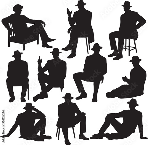 Collection of silhouettes of men in hats sitting in various poses