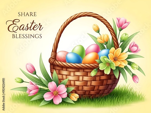 Easter basket with colorful eggs and flowers springtime holiday decoration