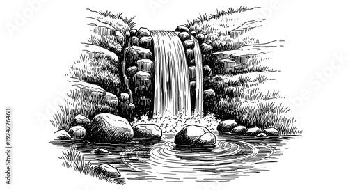 Breathtaking waterfall cascading over rocks into pond in classic woodcut style illustration of wild nature