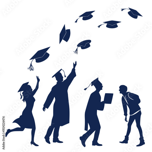 Graduation caps tossed in air by silhouetted graduates