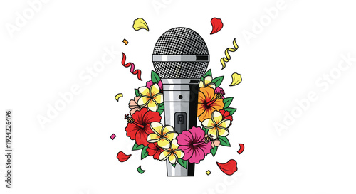 A silver microphone is decorated with colorful tropical hibiscus and frangipani flowers and surrounded by floating confetti and streamers on a white background.
