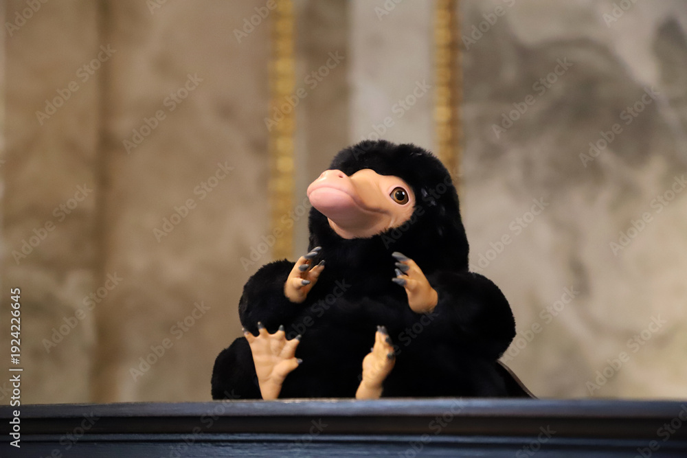 Obraz premium Niffler plush toy from Fantastic Beasts displayed in a retail store