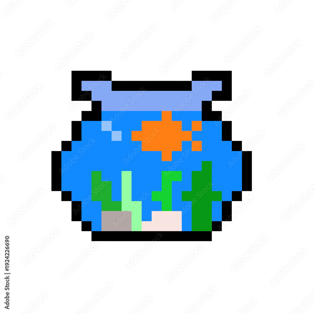 Fototapeta premium Pixel Art Fishbowl with Goldfish Isolated 