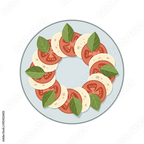 Caprese salad vector clipart with tomato, mozzarella, and basil on plate, flat design illustration