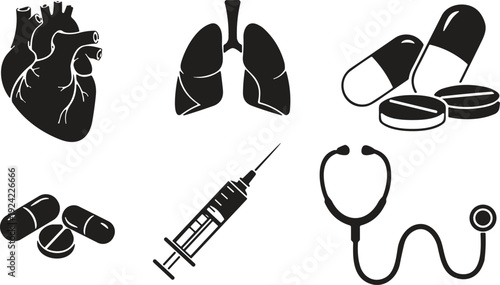 Medical vector icons set featuring anatomical heart, lungs, pills, syringe, and stethoscope in black and white style for healthcare, pharmacy, anatomy, and hospital design.