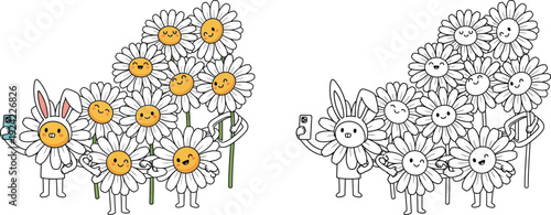 Adorable Daisy Characters Taking a Selfie with Bunny Ears Colored and Line Art Versions