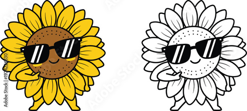 Cool Cartoon Sunflower Character Wearing Sunglasses and Giving Thumbs Up Colored and Line Art