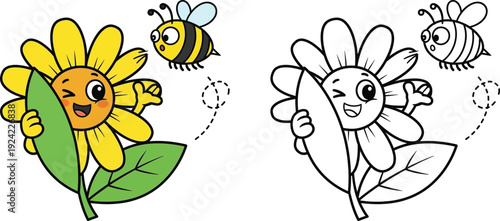 Cute Cartoon Sunflower Waving at Flying Bee Colored and Line Art Versions