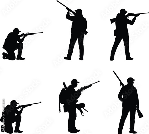 Set of Black Hunter Silhouettes with Rifles Featuring Various Poses Like Aiming Kneeling and Standing for Outdoor Sports Hunting Season Branding and Wildlife Management