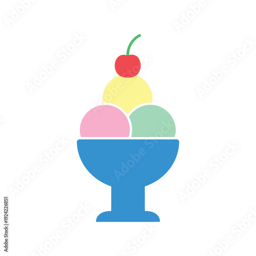 Ice Cream Sundae Vector Clipart in Flat Style with Cherry and Colorful Scoops