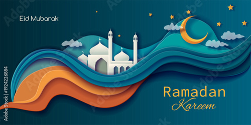 Ramadan Kareem design banner with mosque in paper cut art style.