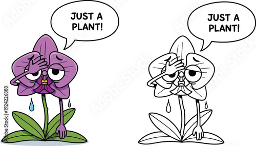 Exhausted Cartoon Orchid Crying and Stressed Saying Just A Plant Colored and Line Art