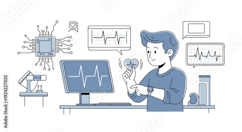 A young man wearing a smartwatch checks his heart rate data which is displayed on both his watch and a large computer monitor in front of him.