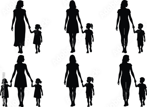 Mother and child walking together silhouette set vector illustration, mom holding daughter and son hands isolated on white background