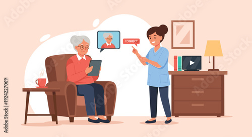 Caregiver helps an elderly woman use a tablet for a video call with family, demonstrating modern technology for senior care and communication.