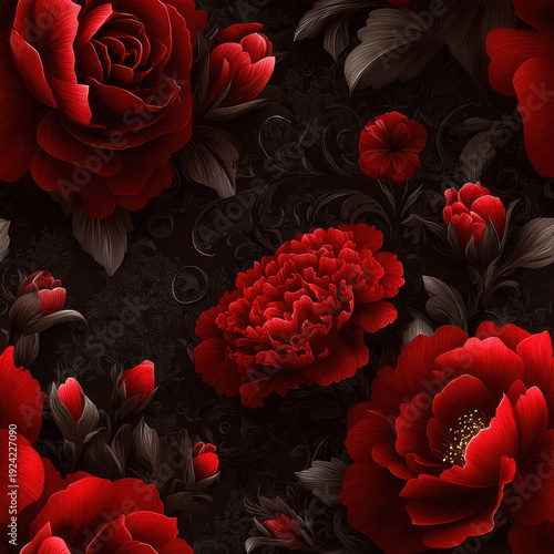 Elegant seamless gothic floral pattern with deep red roses and dark background. A luxurious and dramatic seamless pattern featuring rich red roses and intricate dark floral motifs