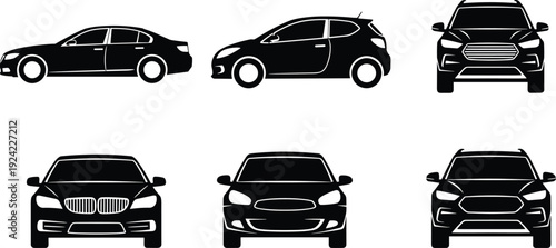 Set of car silhouette icons including sedan, hatchback, and SUV models from front and side views for automotive design and transport.